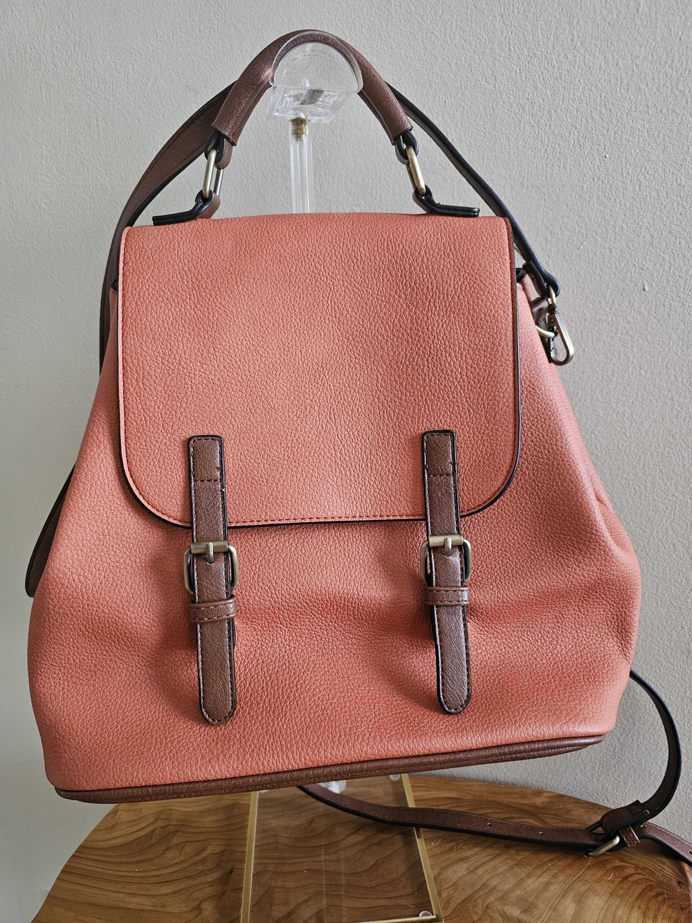 Jen & Co Convertible Top-Handle Satchel in Coral with Brown Trim - Picture 2 of 7